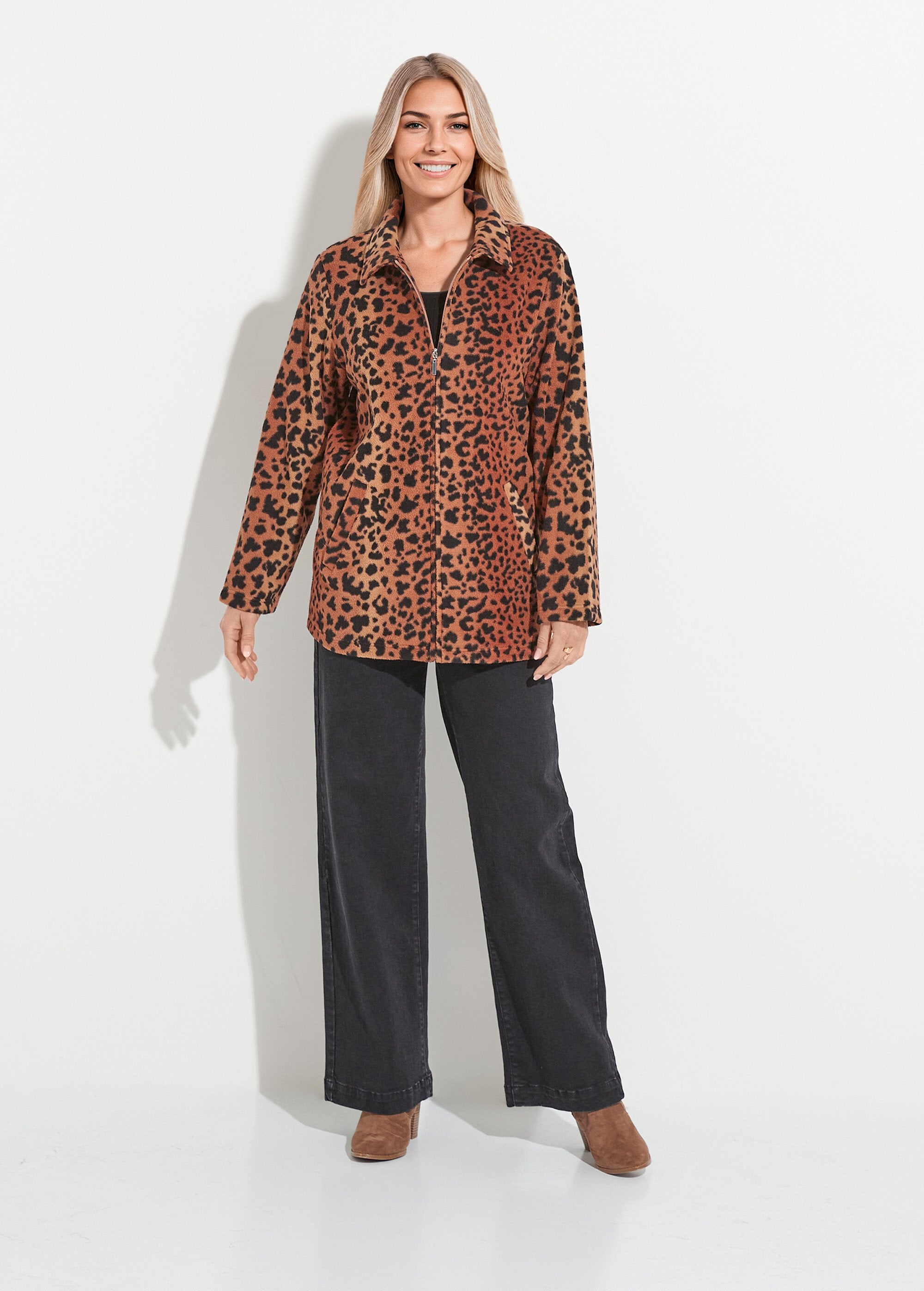 Zipped_printed_fleece_knit_jacket_Brown_and_black_SF1_slim