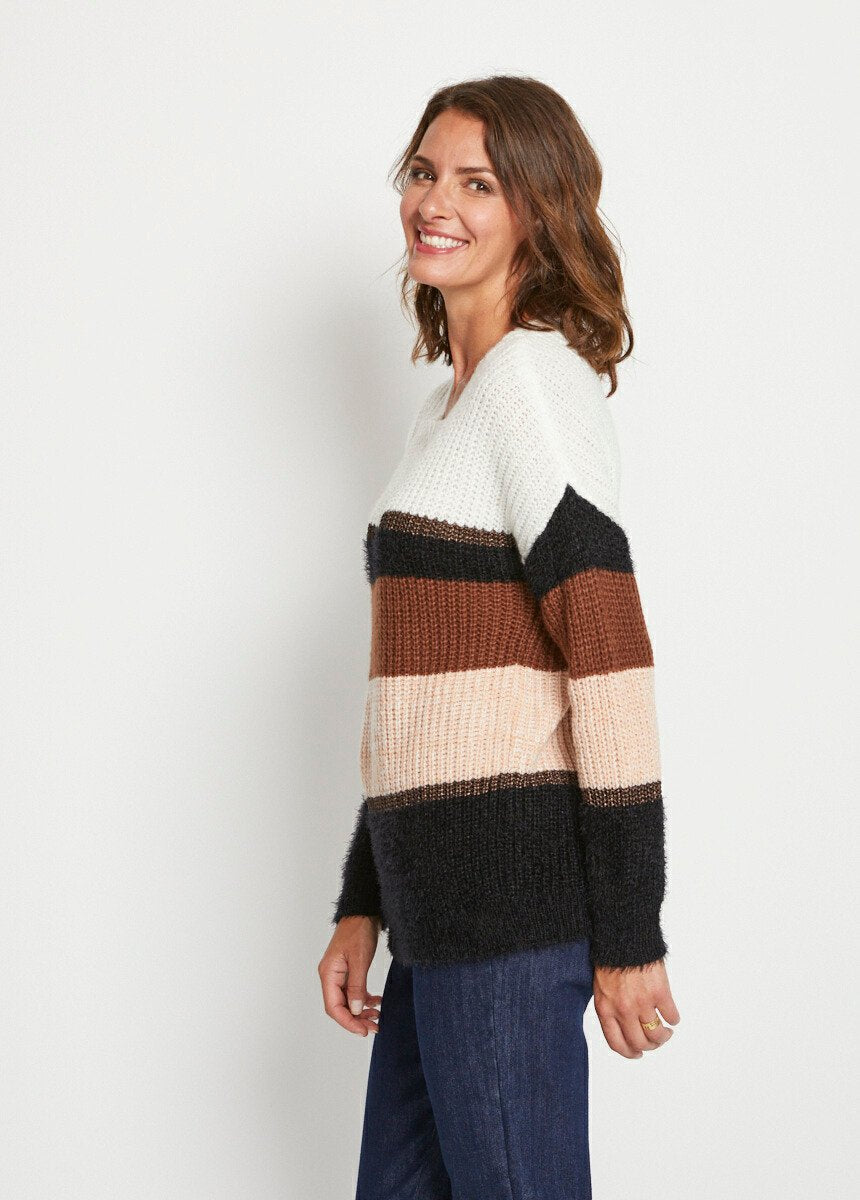 Hairy_knit_sweater_with_striped_effect_and_round_neck_Ecru_and_brown_and_black_DR1_slim