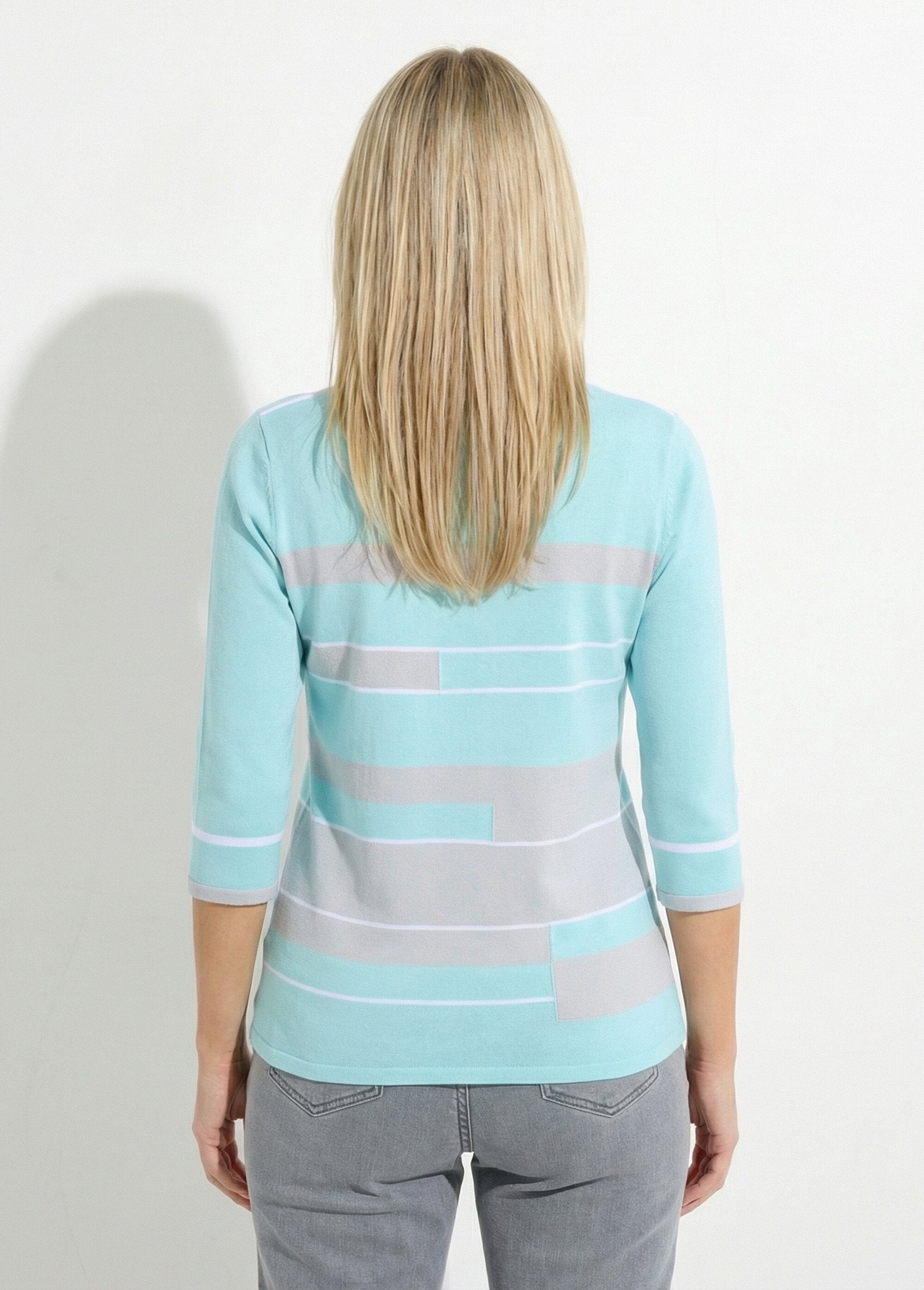 Pull_manches_3/4_col_bateau_jacquard_rayé_devant_Aqua_et_gris_DO1_slim