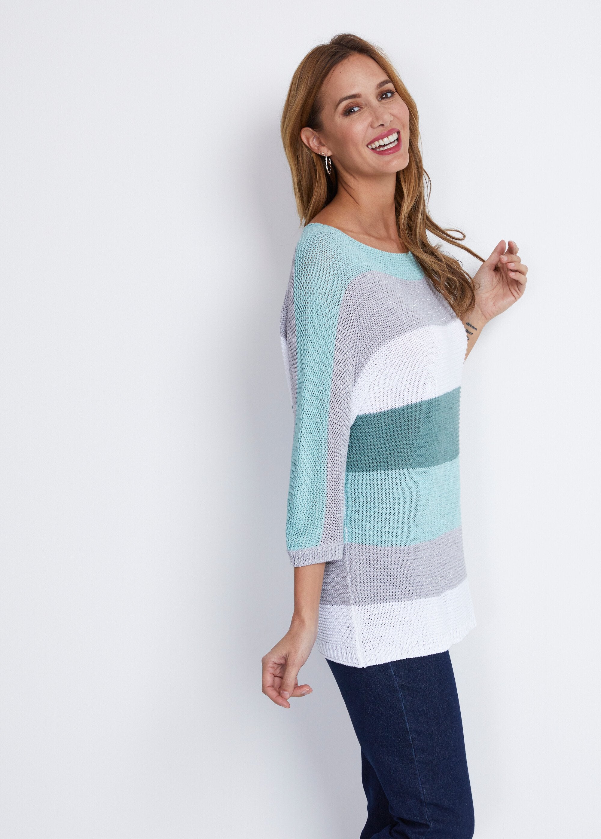 Striped_3/4_sleeve_garter_stitch_sweater_Aqua_and_grey_DR1_slim