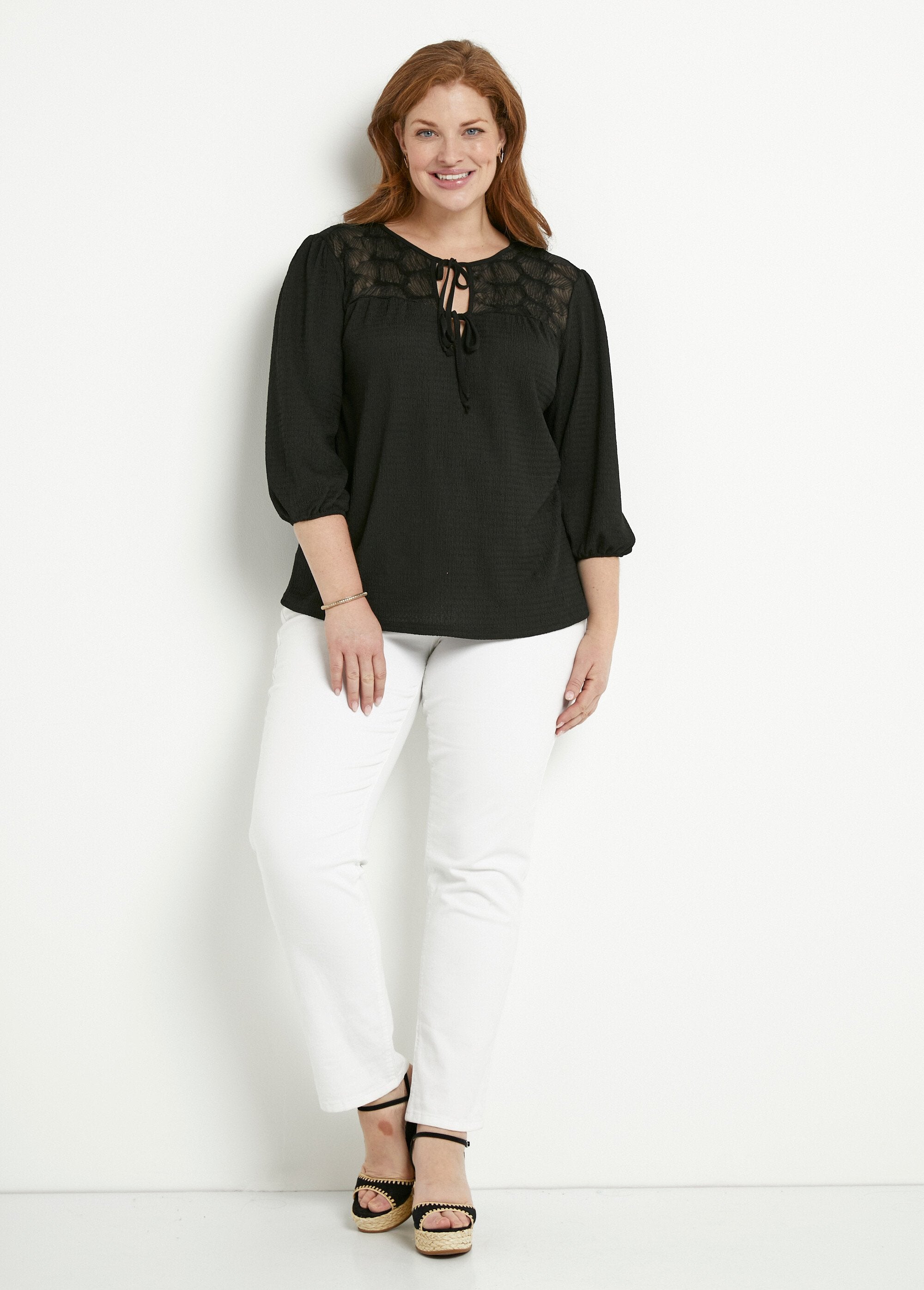 V-neck_t-shirt_with_3/4_voile_sleeves_Black_SF1_curvy