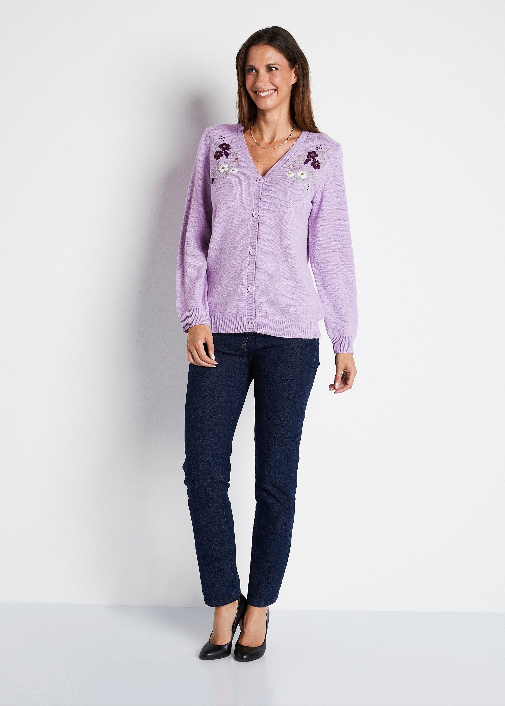 Soft_plain_V-neck_buttoned_short_embroidered_cardigan_Lilac_SF1_slim