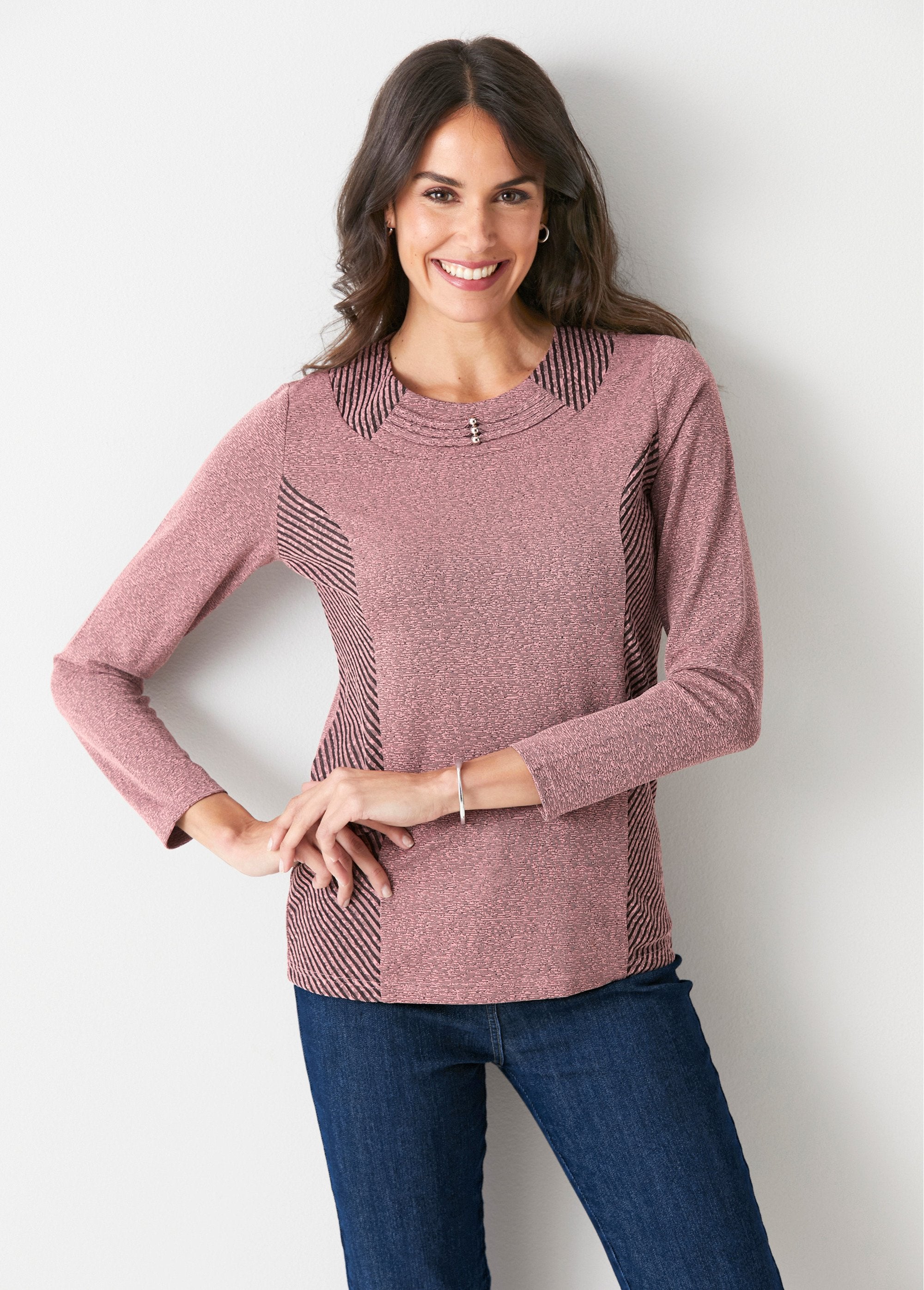 T-shirt_chiné_rayé_col_fantaisie_Rose_FA1_slim