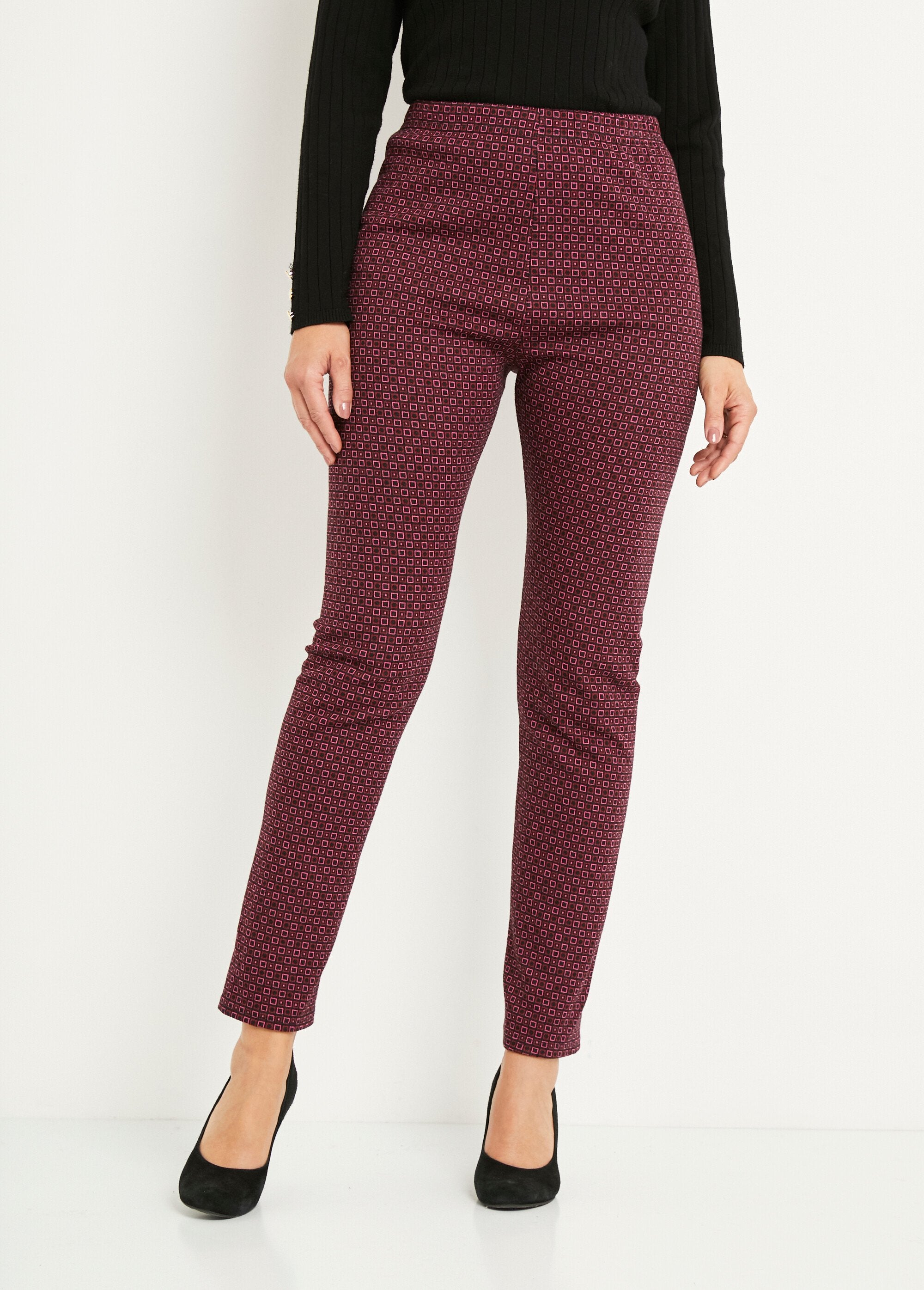 Pantalon_droit_fuselé_taille_élastiquée_jacquard_Rose_et_noir_FA1_slim