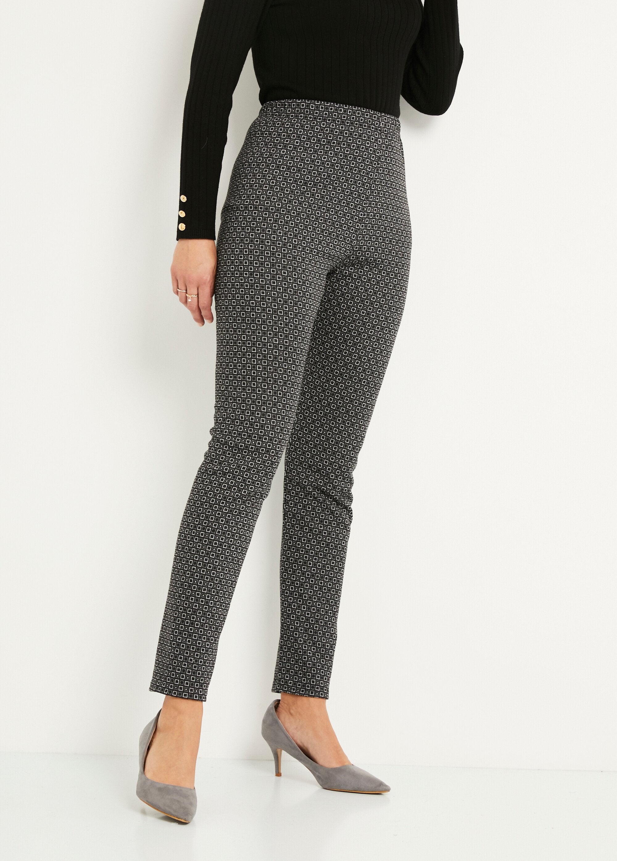 Pantalon_droit_fuselé_taille_élastiquée_jacquard_Gris_et_noir_FA1_slim