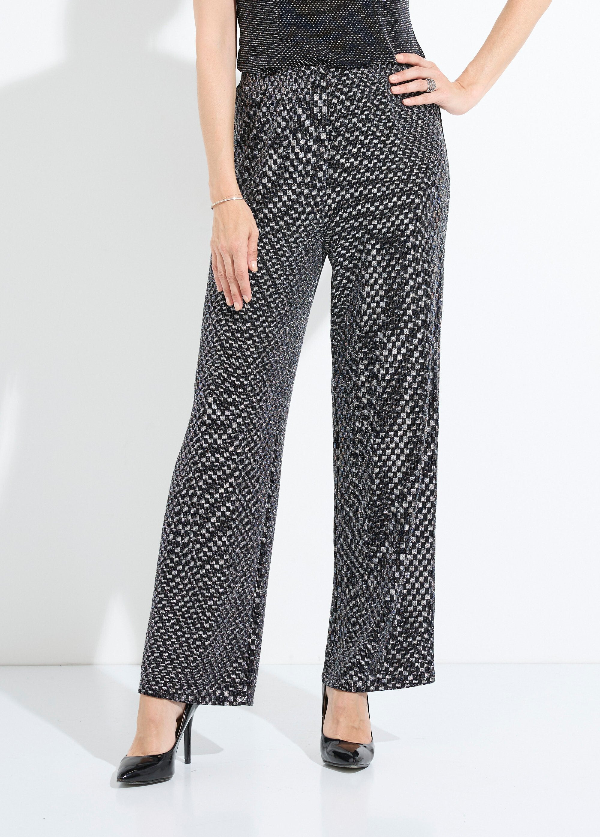 Pantalon_droit_taille_élastiquée_maille_sequins_Noir_et_argent_FA1_slim