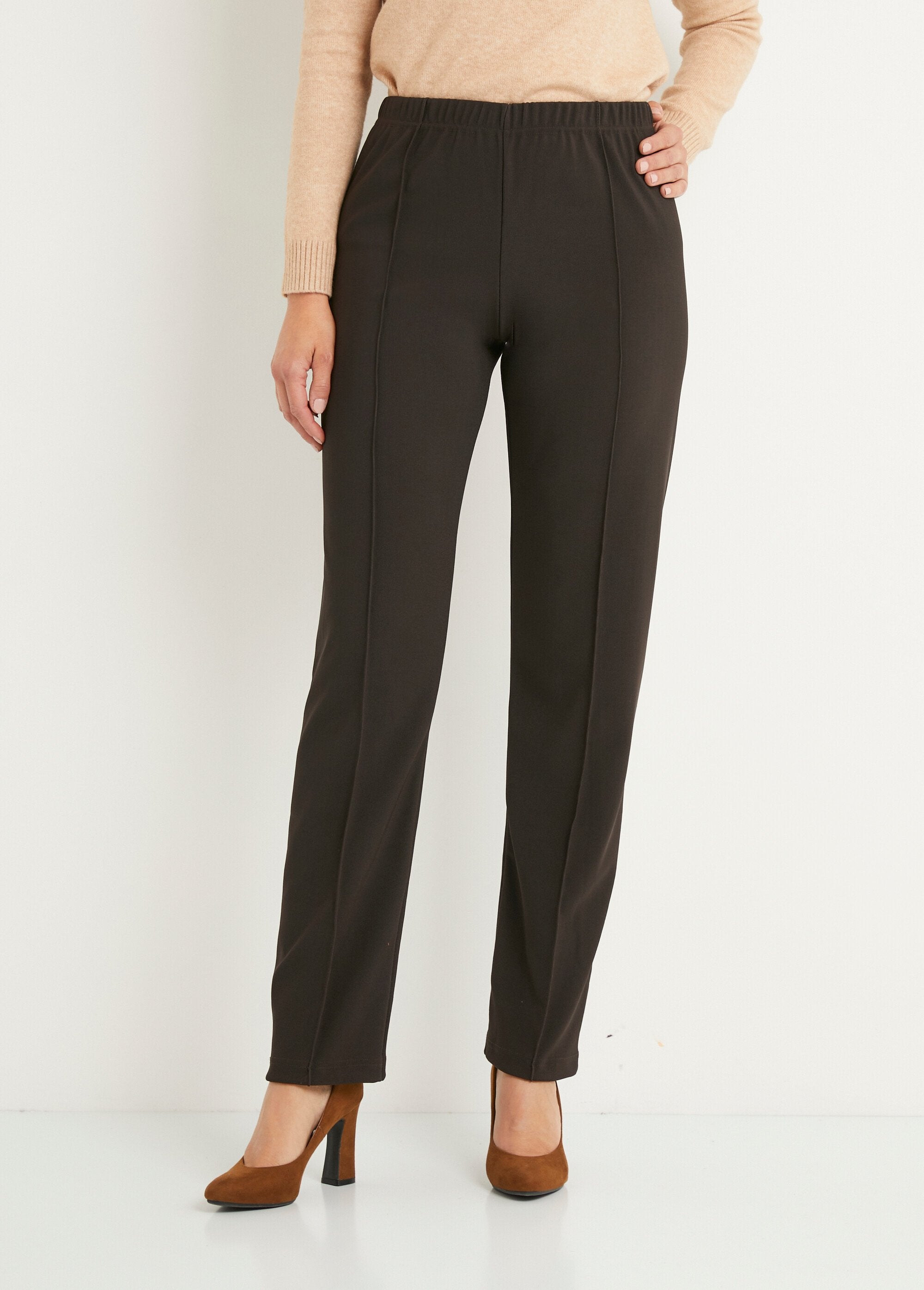 Straight_pants_with_elasticated_waist_and_ribbed_knit_Brown_FA1_slim