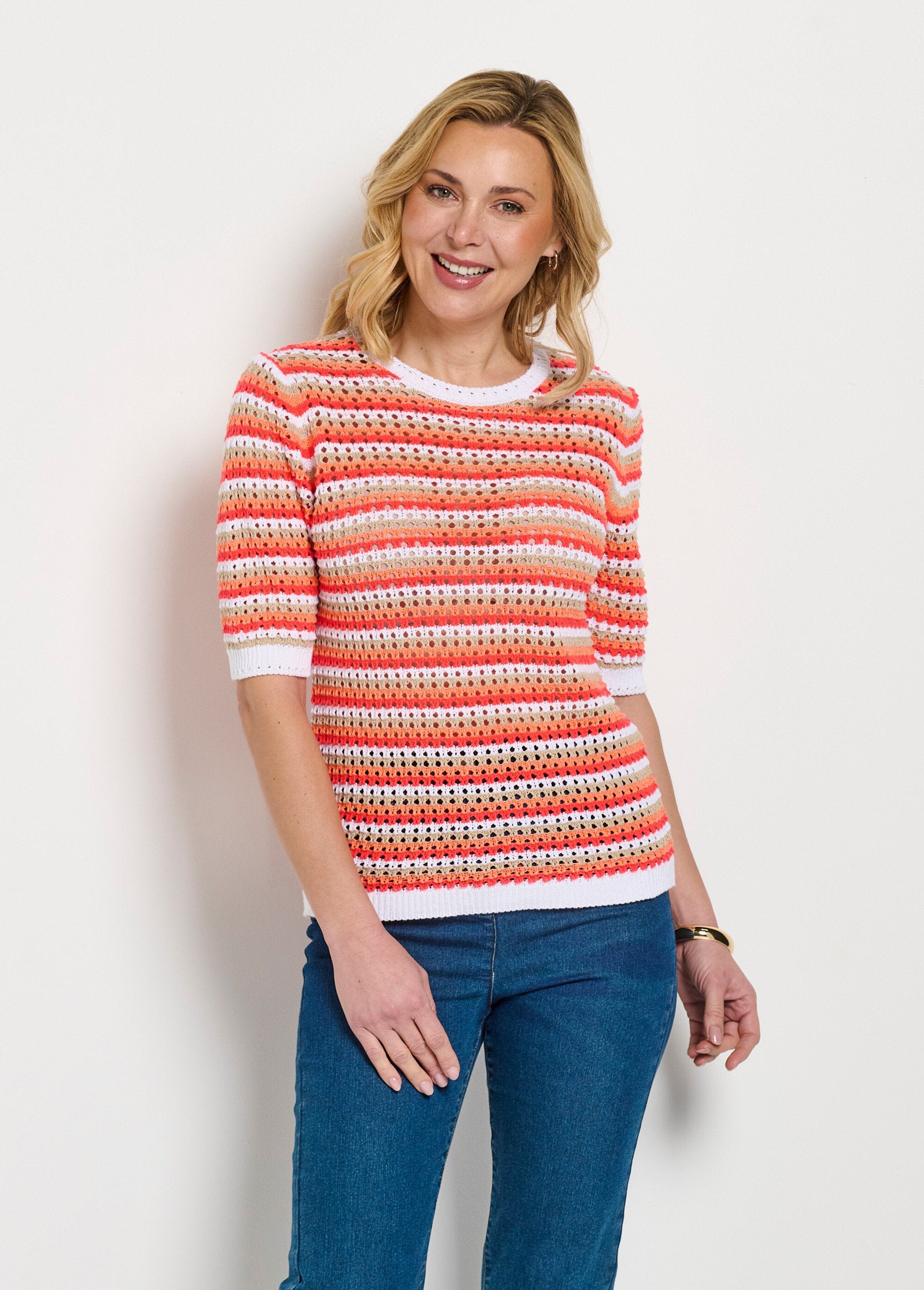 Soft_striped_openwork_short_sleeve_sweater_Coral_ray_FA1_slim