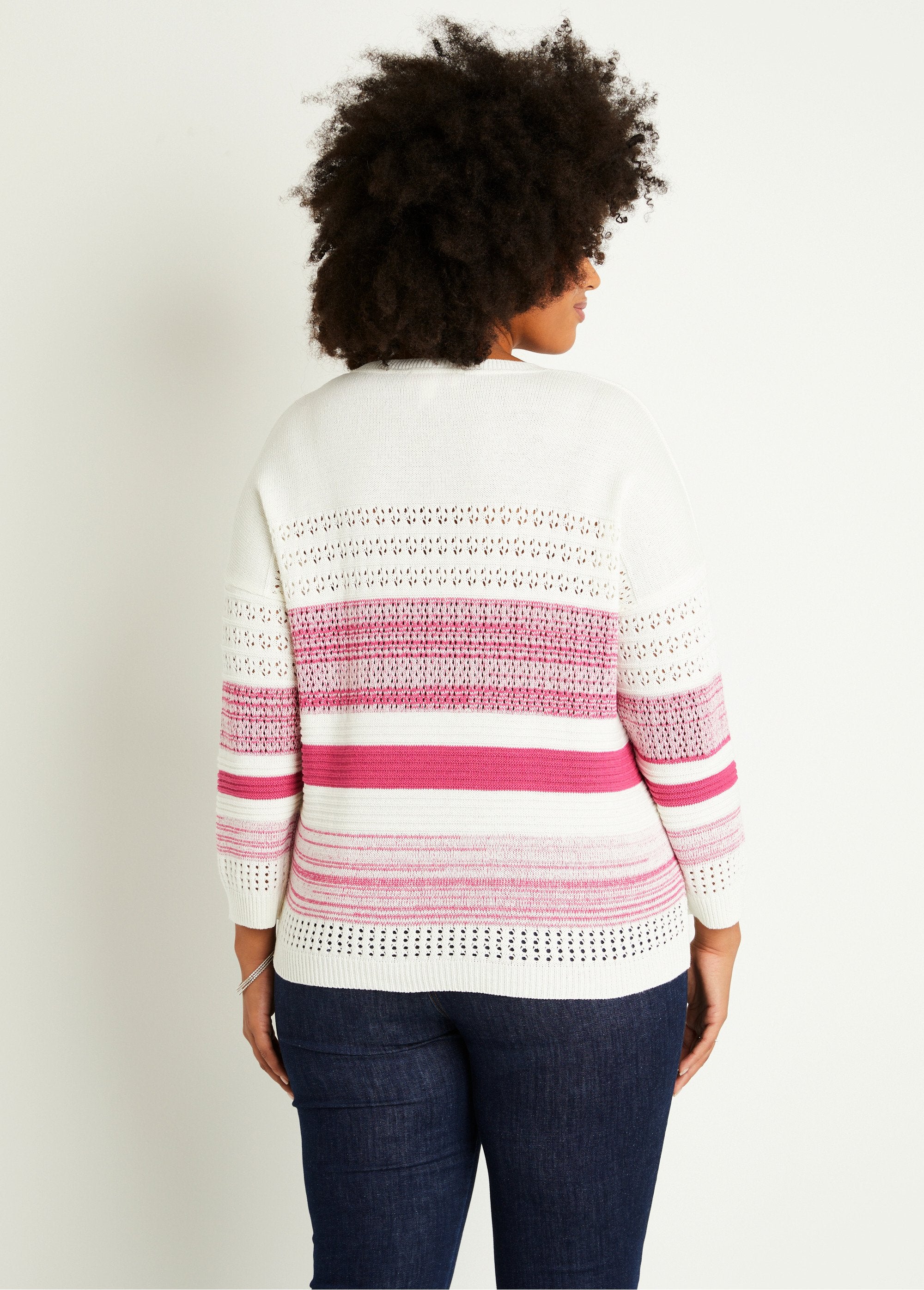 3/4_sleeve_openwork_cotton_blend_sweater_Fuchsia_DO1_curvy