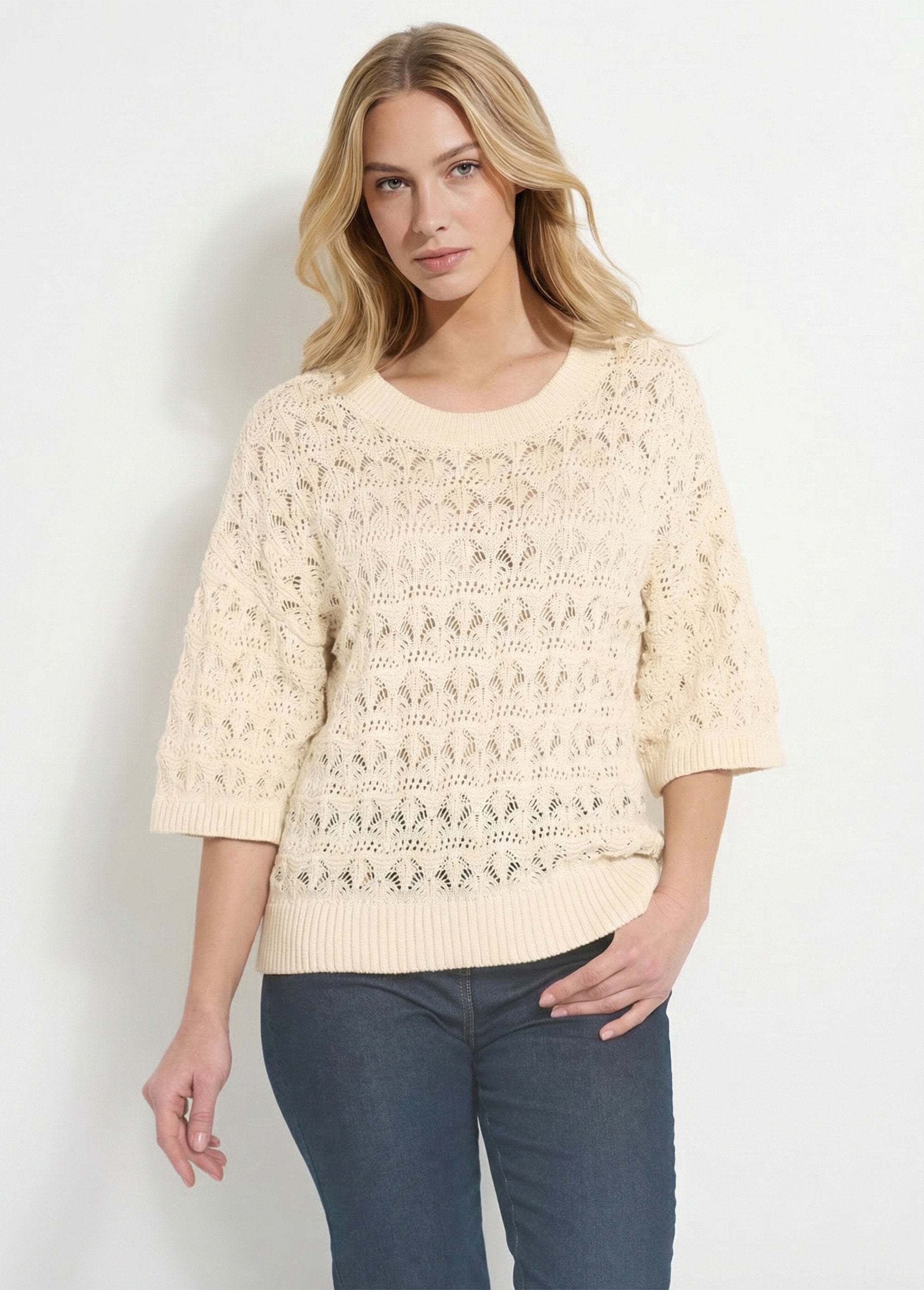 Short-sleeved_openwork_knit_sweater_Ecru_FA1_slim