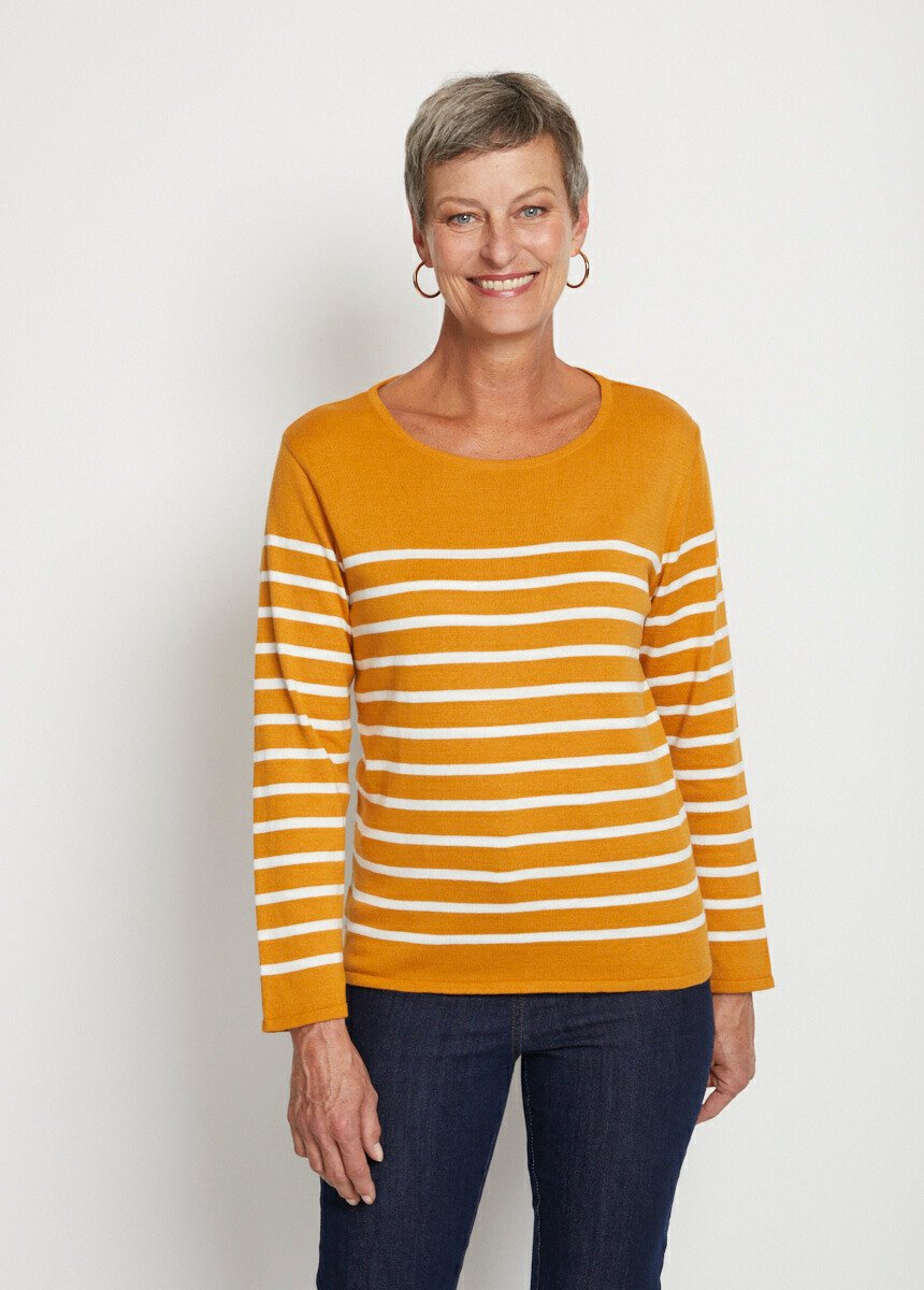 Striped_round_neck_long_sleeve_sweater_Honey_and_ecru_FA1_slim