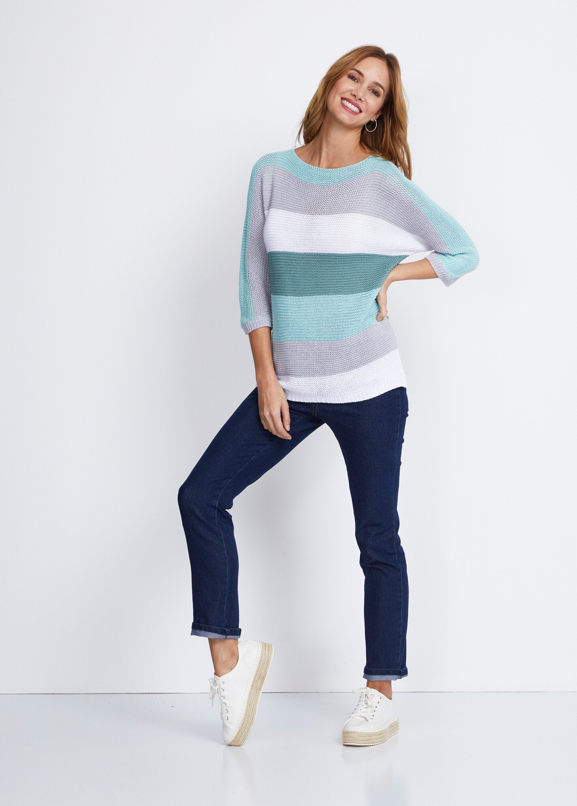 Striped_3/4_sleeve_garter_stitch_sweater_Aqua_and_grey_SF1_slim