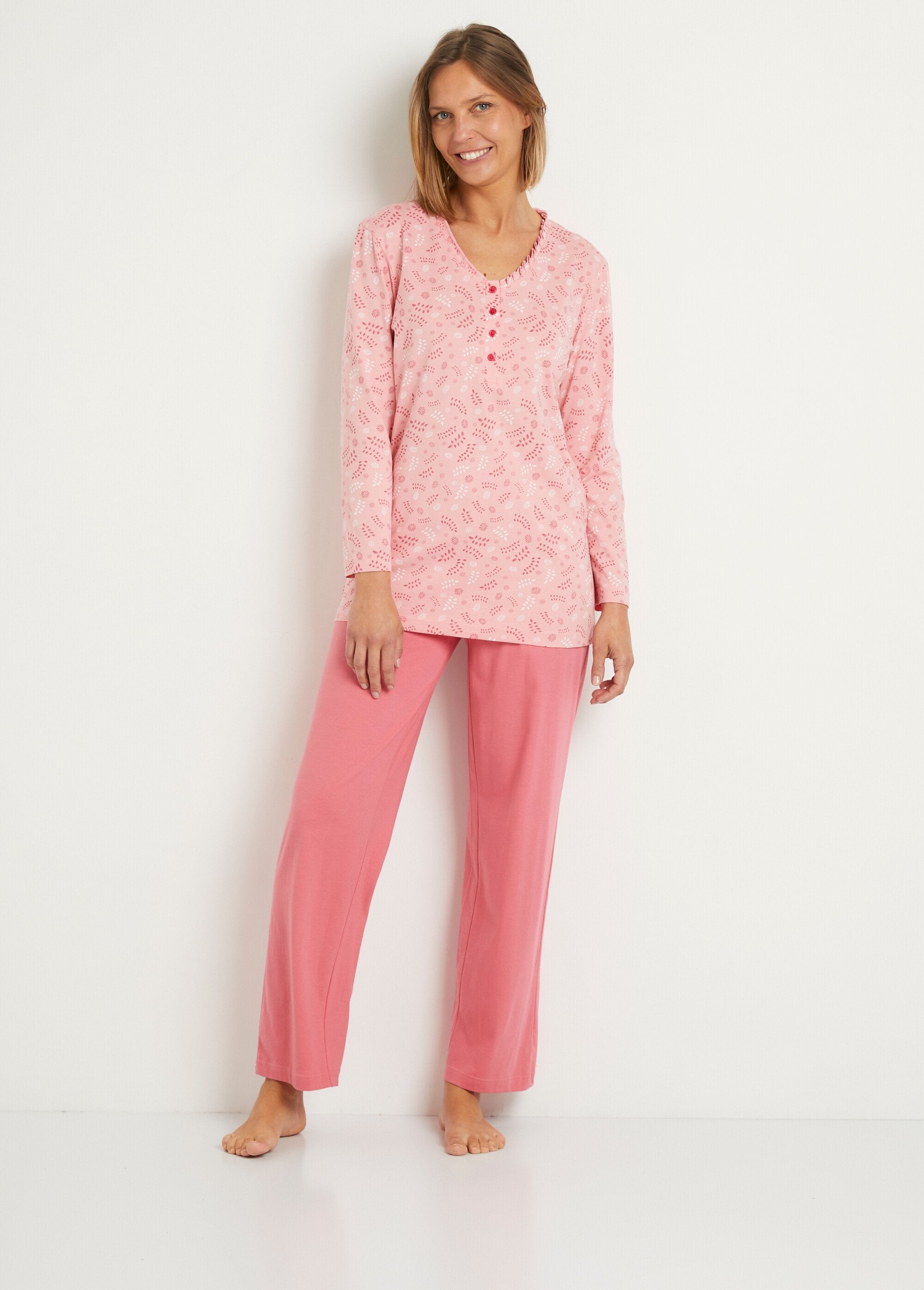 Printed_long-sleeved_cotton_button-down_pyjamas_Pink_print_FA1_slim