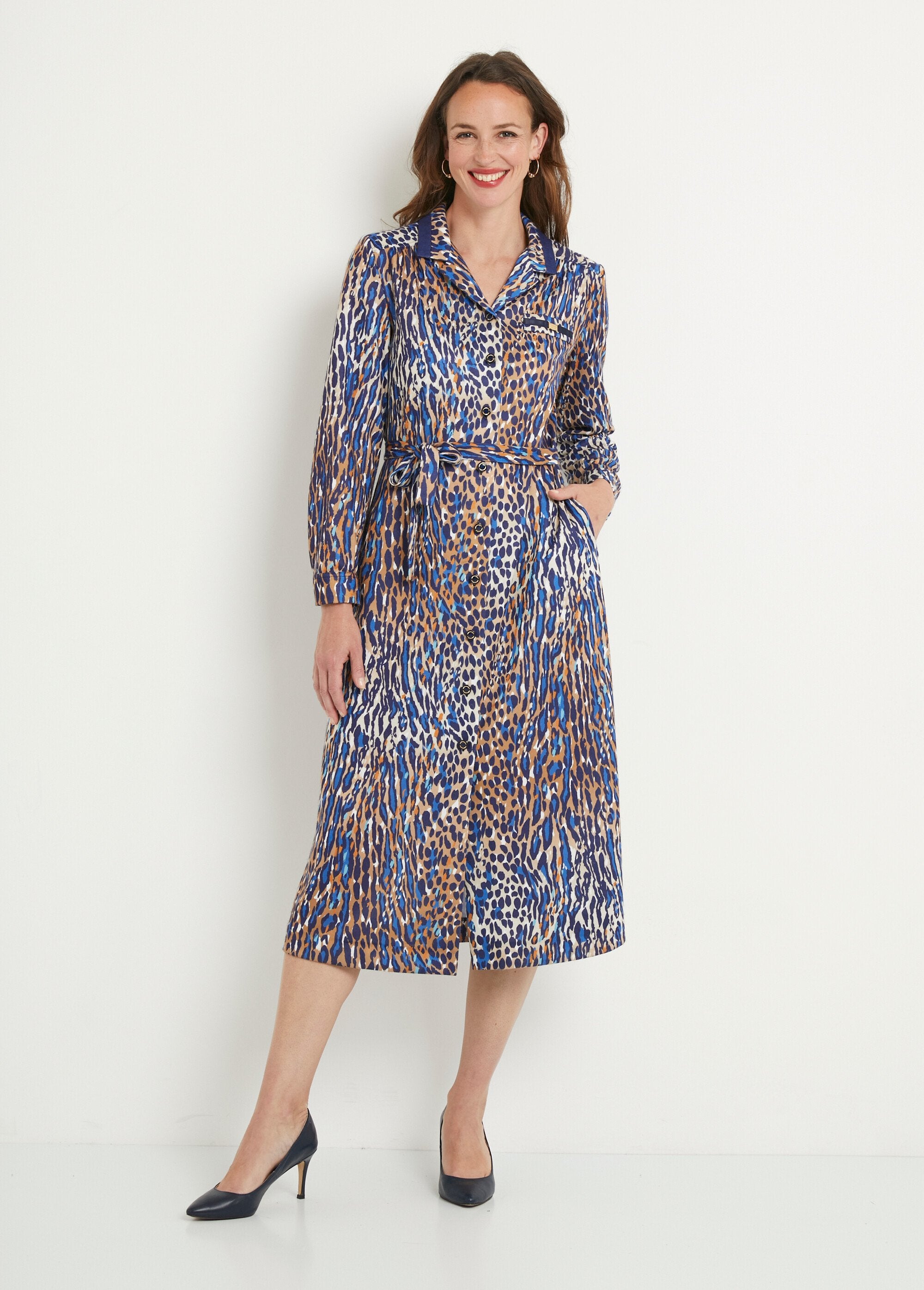 Mid-length_leopard_print_blouse_dress_Navy_and_camel_FA1_slim