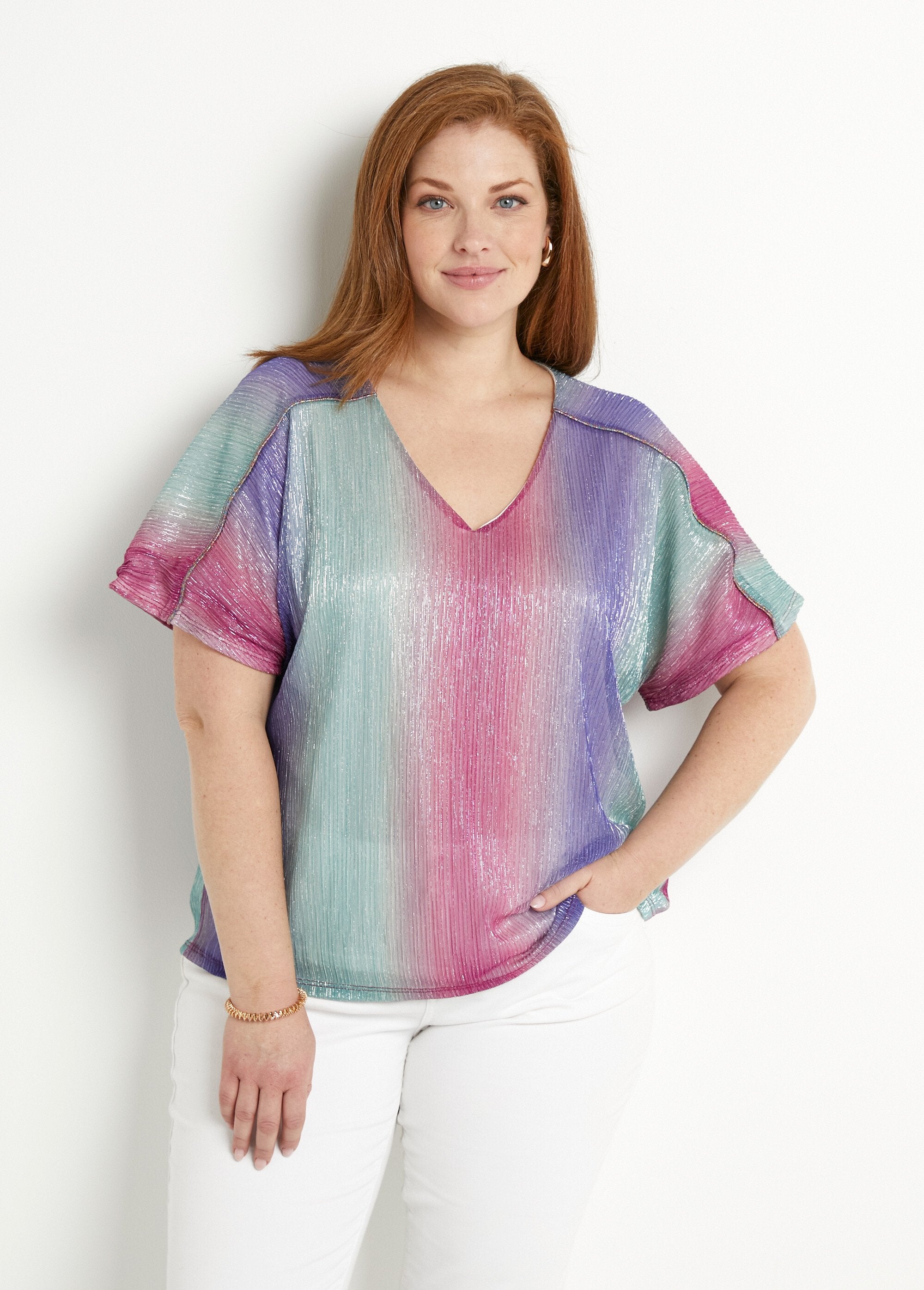 Short_shiny_V-neck_T-shirt_with_pleated_effect_Pink_and_aqua_FA1_curvy