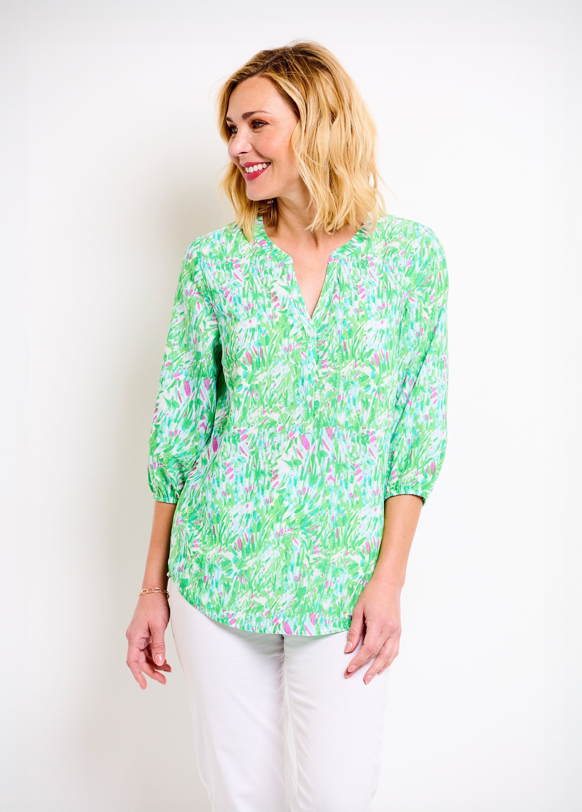 Loose_long_printed_tunic_with_3/4_sleeves_Green_print_FA1_slim